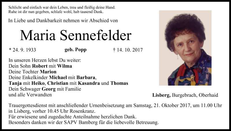 Traueranzeige für Maria Sennefelder vom 17.10.2017 aus MGO