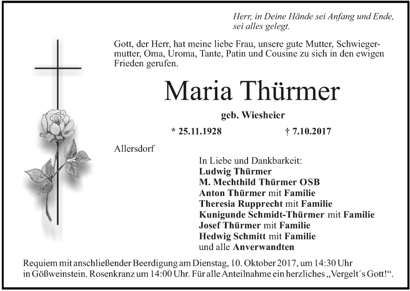  Traueranzeige für Maria Thürmer vom 09.10.2017 aus MGO
