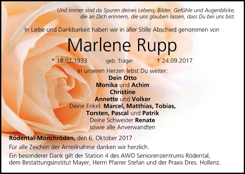  Traueranzeige für Marlene Rupp vom 06.10.2017 aus MGO