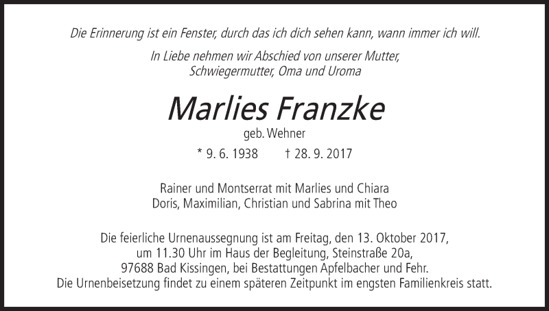  Traueranzeige für Marlies Franzke vom 07.10.2017 aus MGO