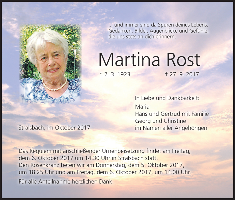  Traueranzeige für Martina Rost vom 02.10.2017 aus MGO