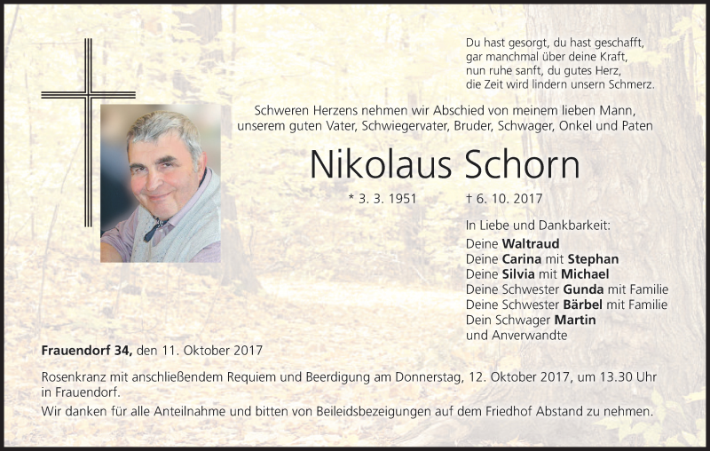  Traueranzeige für Nikolaus Schorn vom 11.10.2017 aus MGO