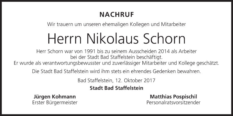  Traueranzeige für Nikolaus Schorn vom 12.10.2017 aus MGO