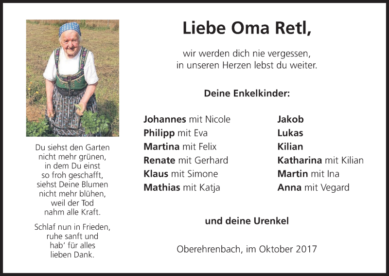  Traueranzeige für Oma Retl  vom 19.10.2017 aus MGO
