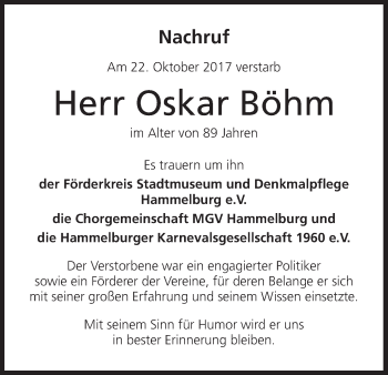 Anzeige von Oskar Böhm von MGO