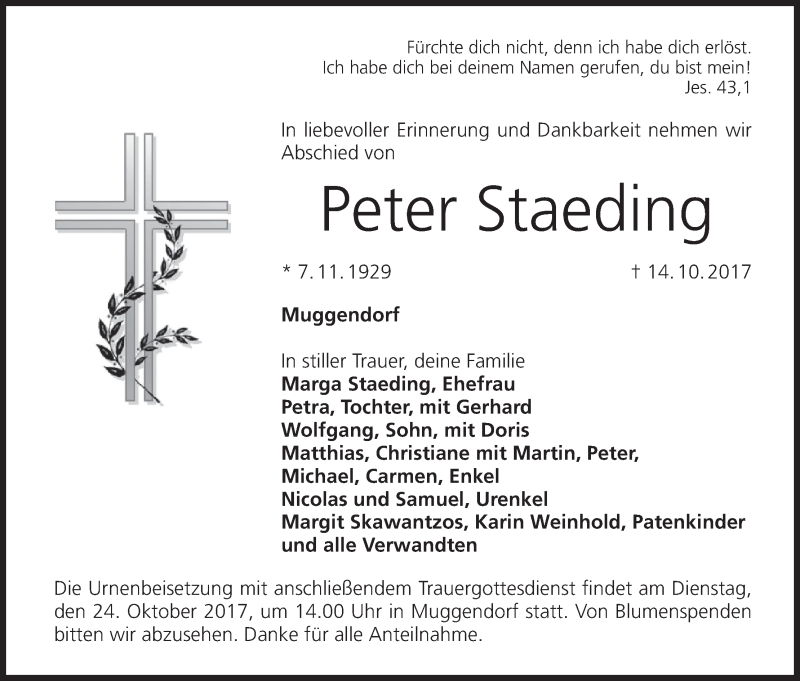  Traueranzeige für Peter Staeding vom 21.10.2017 aus MGO