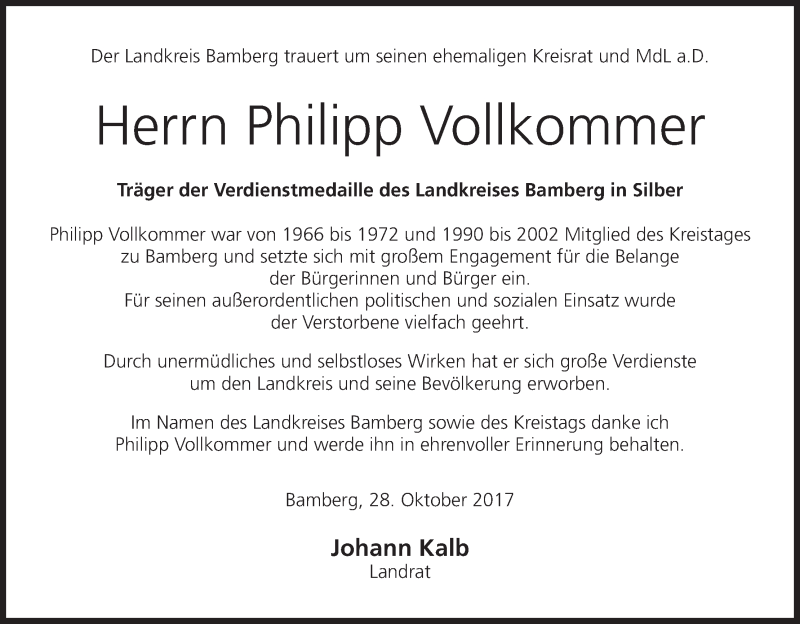  Traueranzeige für Philipp Vollkommer vom 28.10.2017 aus MGO