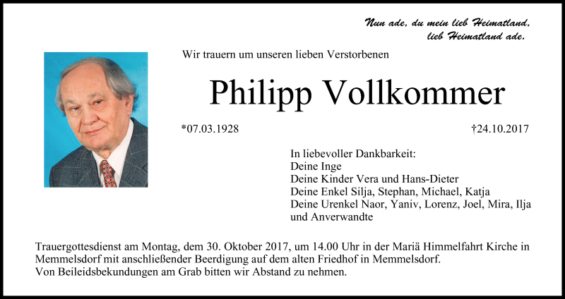  Traueranzeige für Philipp Vollkommer vom 28.10.2017 aus MGO