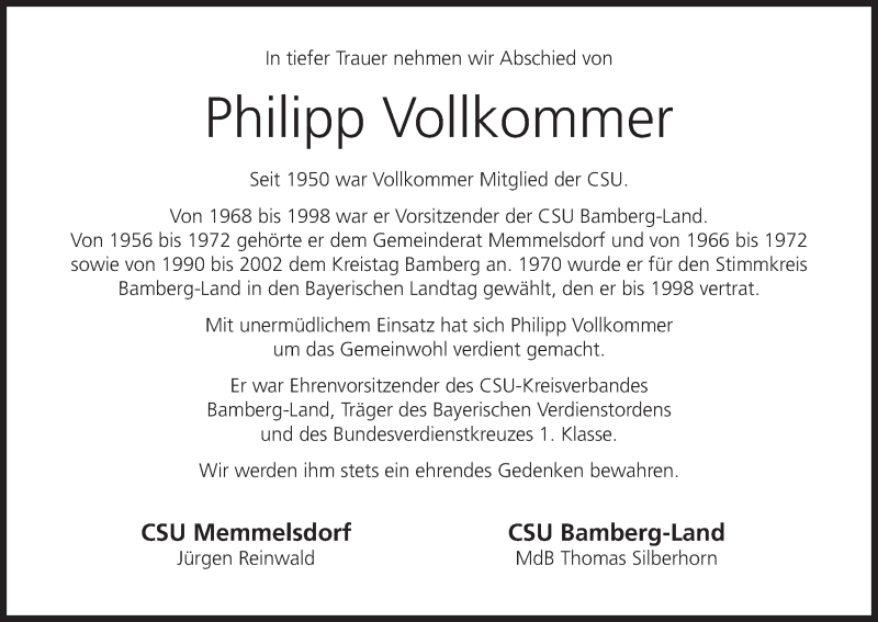 Traueranzeige für Philipp Vollkommer vom 28.10.2017 aus MGO