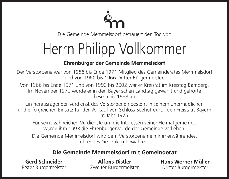  Traueranzeige für Philipp Vollkommer vom 28.10.2017 aus MGO
