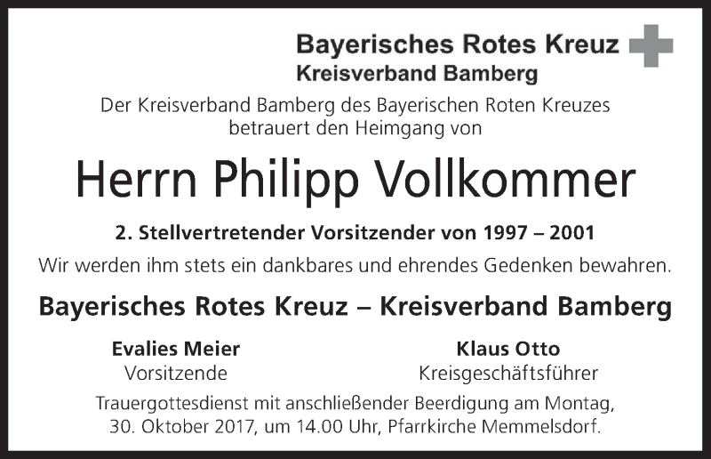  Traueranzeige für Philipp Vollkommer vom 28.10.2017 aus MGO