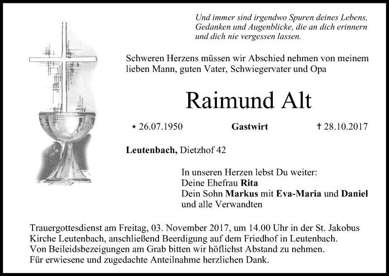  Traueranzeige für Raimund Alt vom 31.10.2017 aus MGO