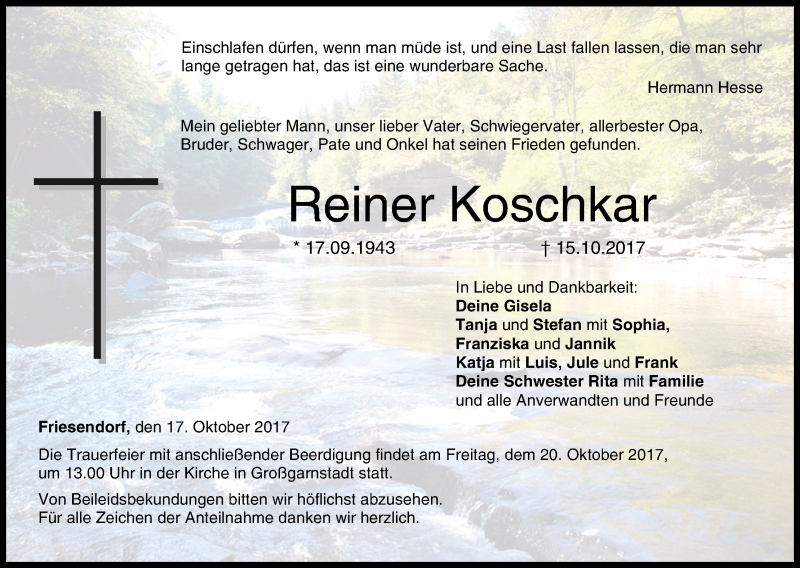  Traueranzeige für Reiner Koschkar vom 17.10.2017 aus MGO