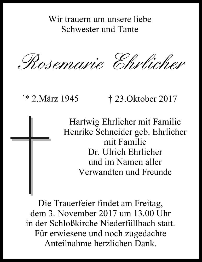  Traueranzeige für Rosemarie Ehrlicher vom 28.10.2017 aus MGO