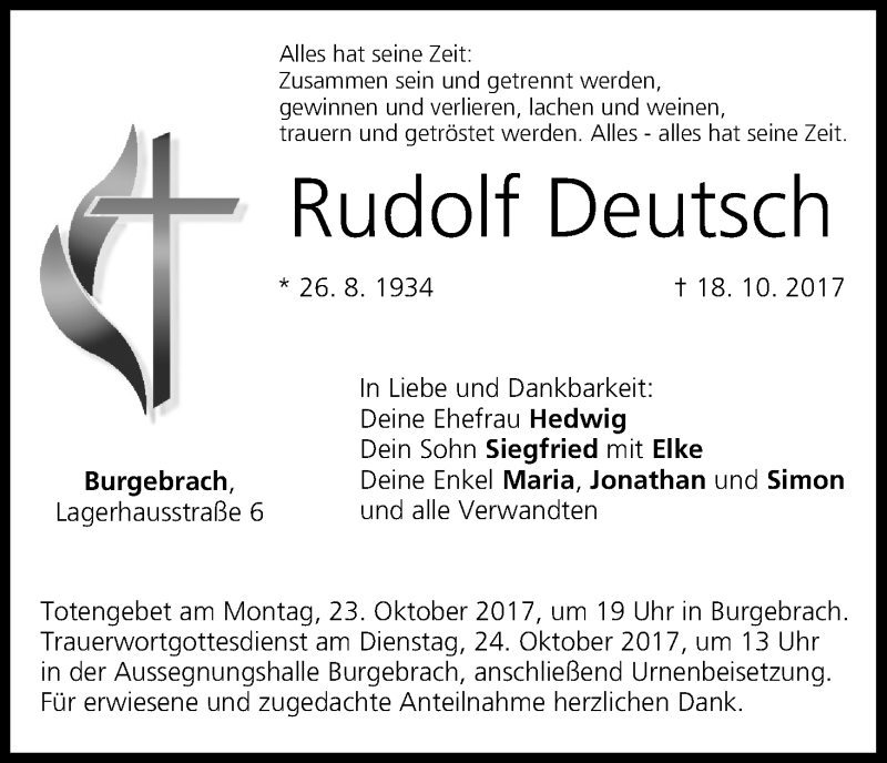  Traueranzeige für Rudolf Deutsch vom 21.10.2017 aus MGO