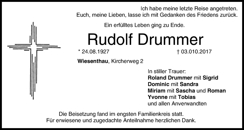  Traueranzeige für Rudolf Drummer vom 14.10.2017 aus MGO