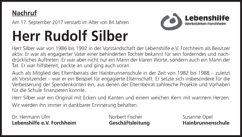  Traueranzeige für Rudolf Silber vom 06.10.2017 aus MGO