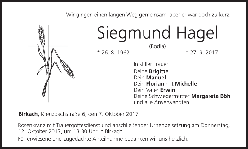  Traueranzeige für Siegmund Hagel vom 07.10.2017 aus MGO