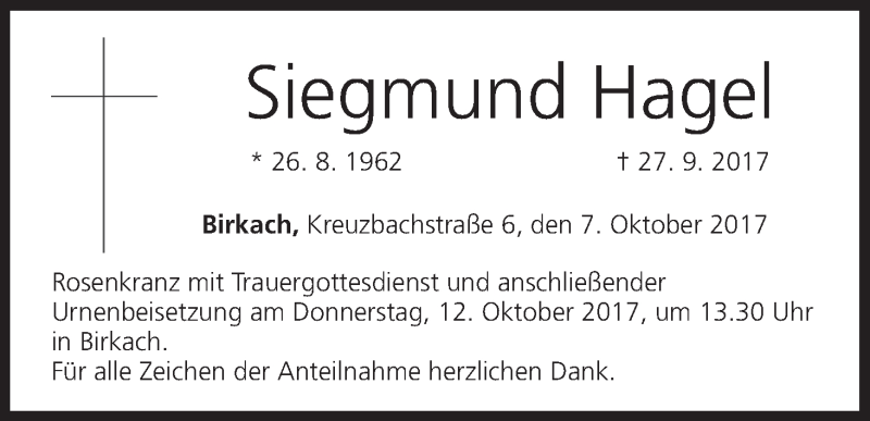 Traueranzeige für Siegmund Hagel vom 07.10.2017 aus MGO
