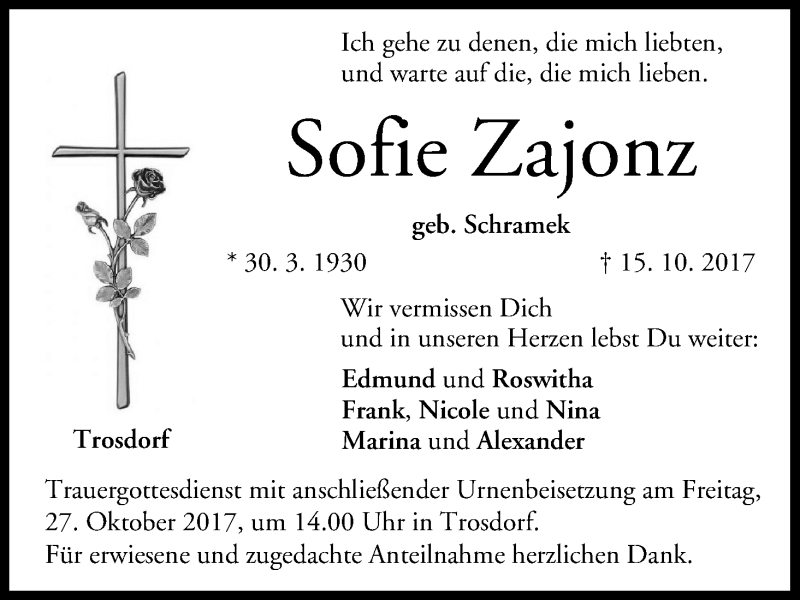  Traueranzeige für Sofie Zajonz vom 21.10.2017 aus MGO