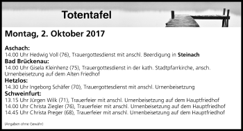 Anzeige von Totentafel vom 02.10.2017 von MGO