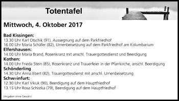 Anzeige von Totentafel vom 03.10.2017 von MGO