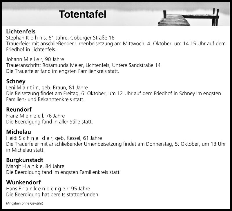  Traueranzeige für Totentafel vom 03.10.2017 vom 03.10.2017 aus MGO