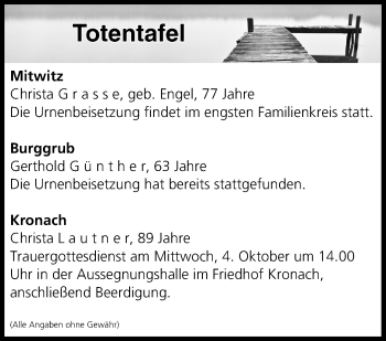 Anzeige von Totentafel vom 03.10.2017 von MGO