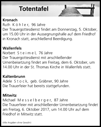 Anzeige von Totentafel vom 05.10.2017 von MGO