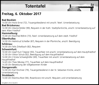 Anzeige von Totentafel vom 06.10.2017 von MGO