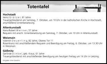 Anzeige von Totentafel vom 06.10.2017 von MGO