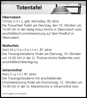 Anzeige von Totentafel vom 10.10.2017 von MGO