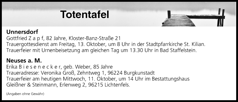  Traueranzeige für Totentafel vom 11.10.2017 vom 11.10.2017 aus MGO