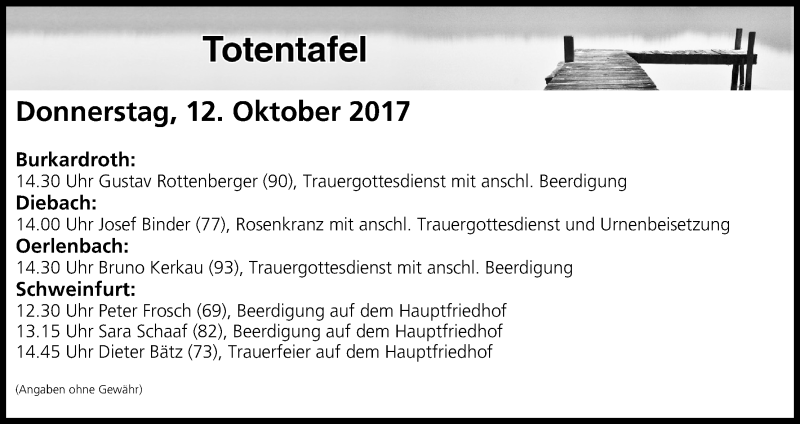 Traueranzeige für Totentafel vom 12.10.2017 vom 12.10.2017 aus MGO