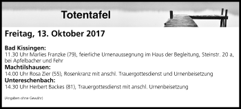 Anzeige von Totentafel vom 13.10.2017 von MGO