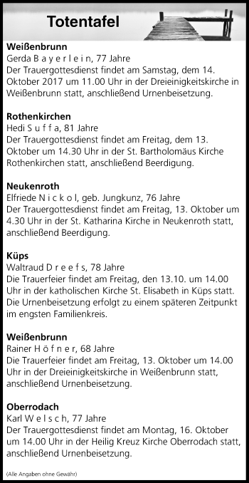 Anzeige von Totentafel vom 13.10.2017 von MGO