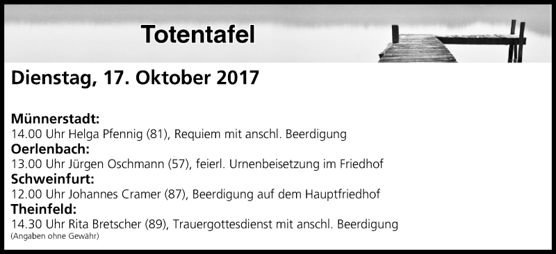  Traueranzeige für Totentafel vom 17.10.2017 vom 17.10.2017 aus MGO