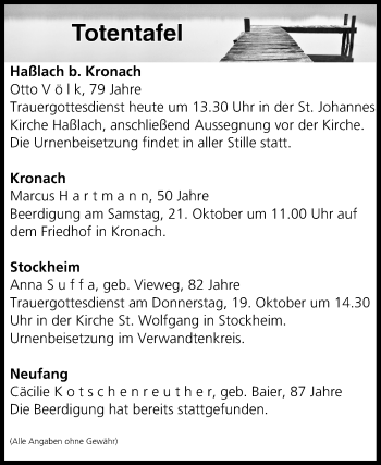 Anzeige von Totentafel vom 17.10.2017 von MGO