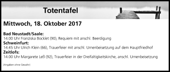 Anzeige von Totentafel vom 18.10.2017 von MGO