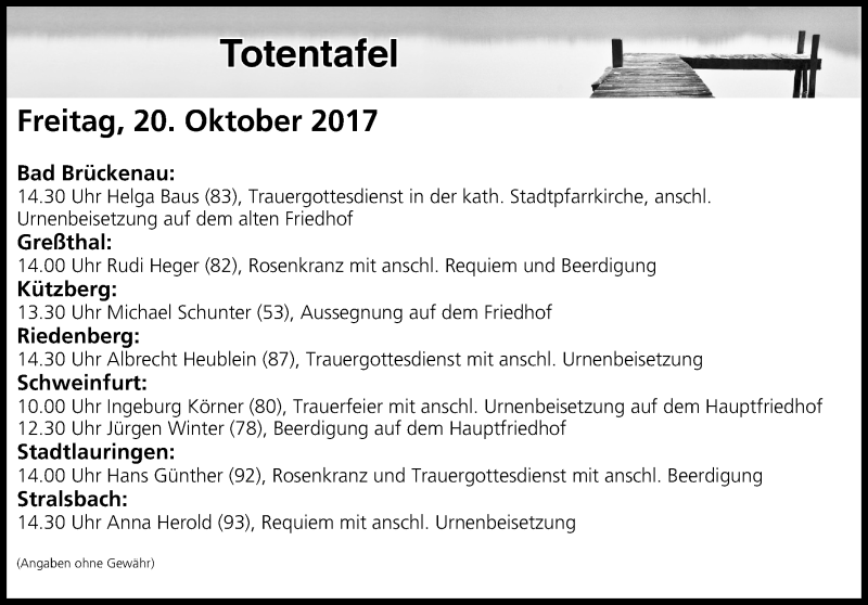  Traueranzeige für Totentafel vom 20.10.2017 vom 20.10.2017 aus MGO