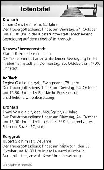Anzeige von Totentafel vom 24.10.2017 von MGO