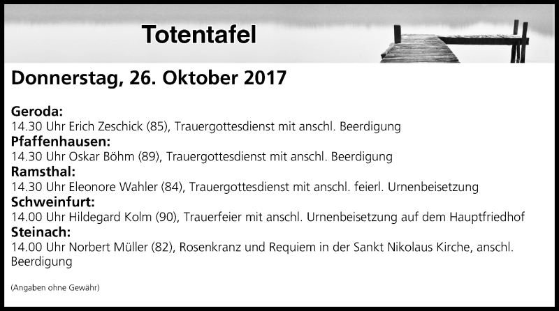  Traueranzeige für Totentafel vom 26.10.2017 vom 26.10.2017 aus MGO