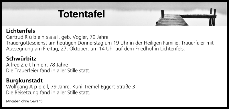  Traueranzeige für Totentafel vom 26.10.2017 vom 26.10.2017 aus MGO