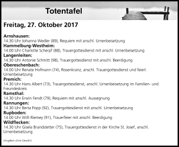 Anzeige von Totentafel vom 27.10.2017 von MGO