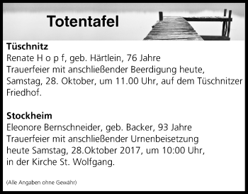 Anzeige von Totentafel vom 28.10.2017 von MGO