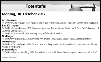 Anzeige von Totentafel vom 30.10.2017 von MGO