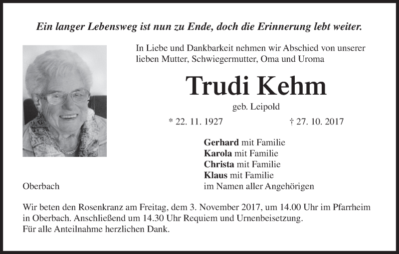  Traueranzeige für Trudi Kehm vom 30.10.2017 aus MGO