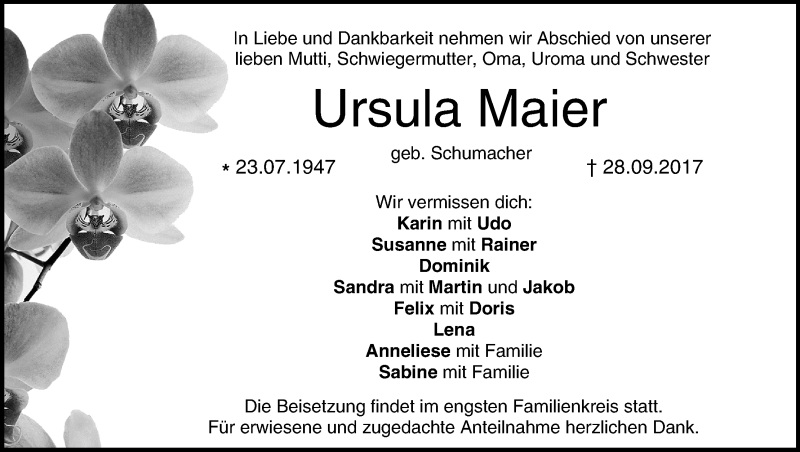  Traueranzeige für Ursula Maier vom 12.10.2017 aus MGO
