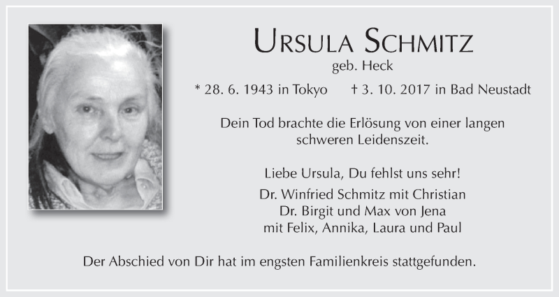  Traueranzeige für Ursula Schmitz vom 28.10.2017 aus MGO