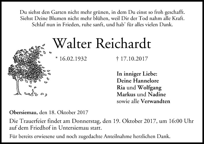  Traueranzeige für Walter Reichardt vom 18.10.2017 aus MGO